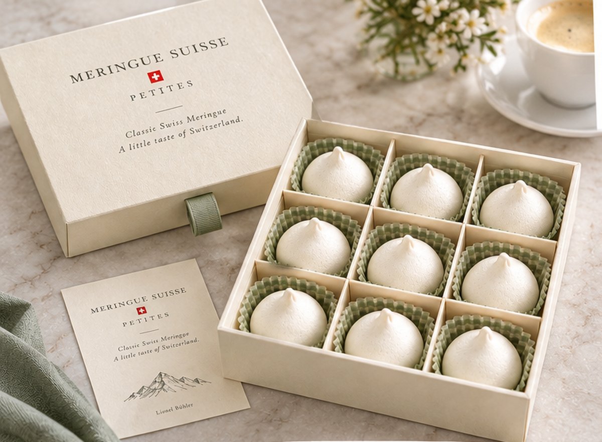 Open box of nine Swiss-style meringues with a story card