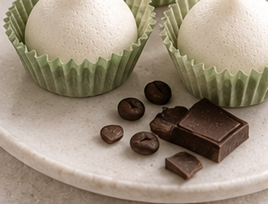 Meringues in sage cups with dark chocolate