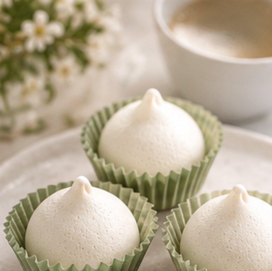 Meringues in sage cups beside a cup of coffee