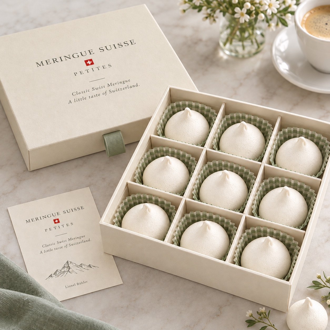 Ivory Meringue Suisse gift box open to show nine white meringues in sage-green cups